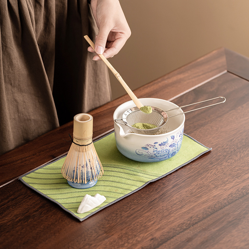 青花抹茶茶具套装渐变蓝抹茶碗七件套百本立抹茶碗茶勺茶巾七件套|undefined