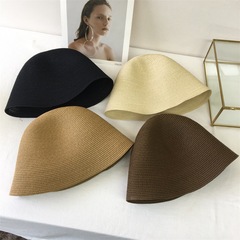 日本設計師款時尚草編透氣水桶帽女士夏季文藝直筒鍾型漁夫帽子潮