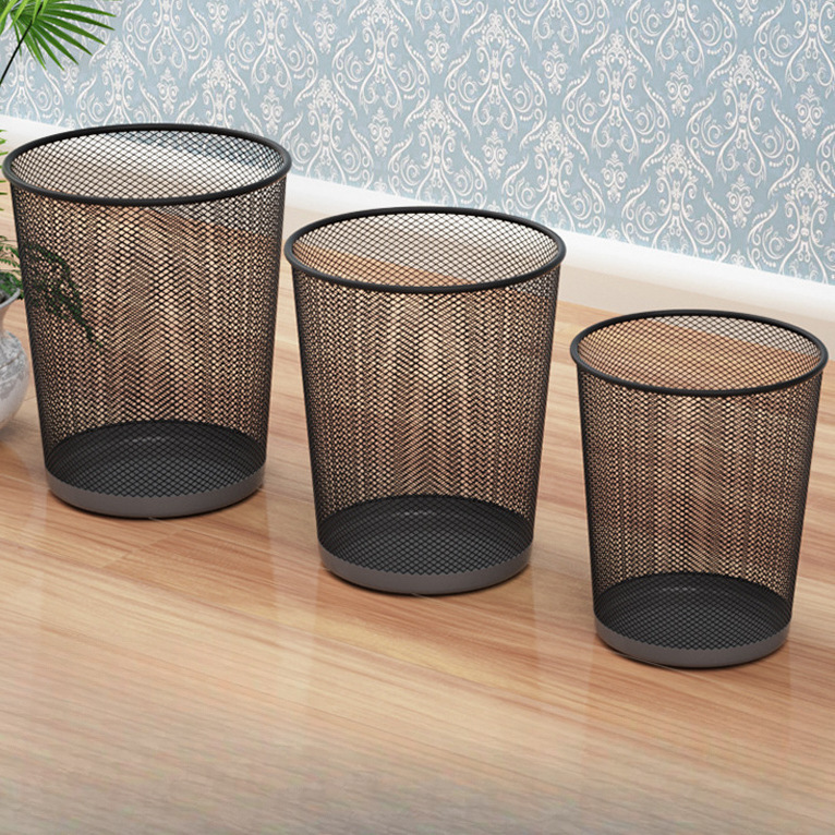 Factory supply wrought iron trash can Metal mesh hollow trash can office round uncovered iron mesh wastebasket