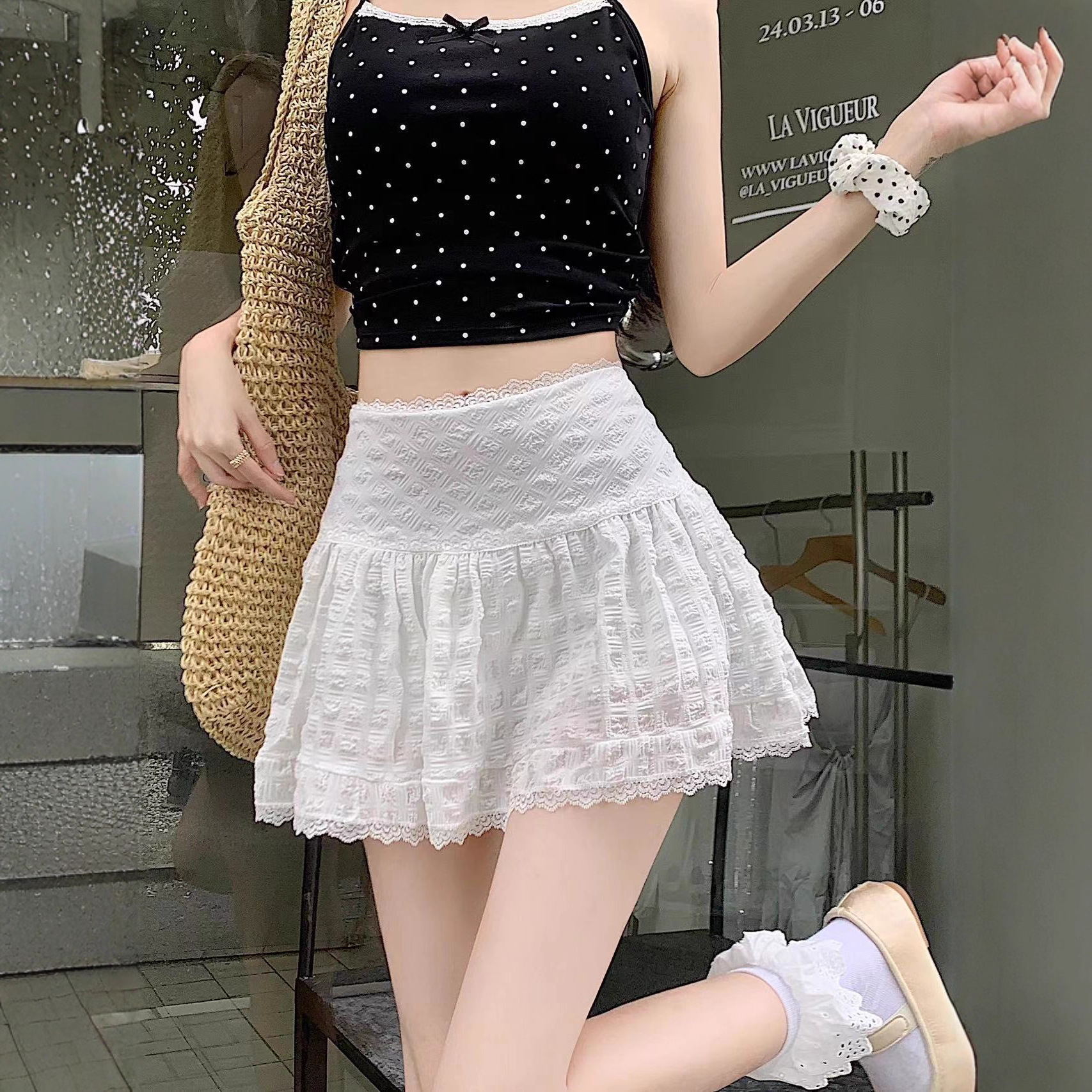 Lace-trimmed cake skirt for women, summer ballet style, high-waisted A-line short skirt, petite white tutu skirt