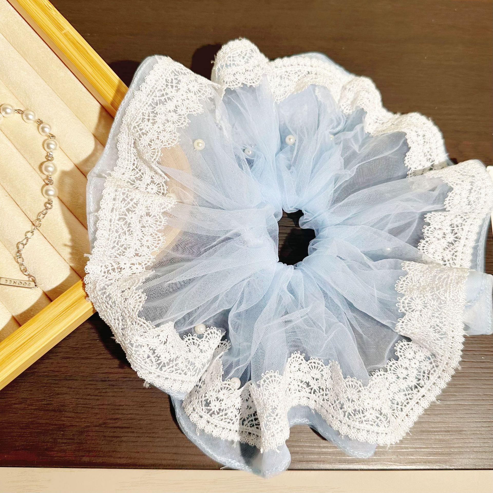 Extra Large Lace Scrunchie For Women Elegant Pearl Ponytail Hair Tie_voghion.com