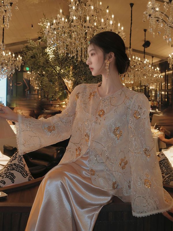 新中式国风秋季时尚轻奢重工珠绣外套纯色背心连衣裙套装女 N8067|undefined