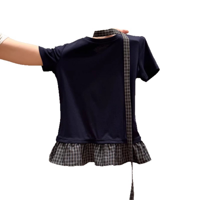 Women's Vintage Plaid Patchwork False Two-Piece Short Sleeve Tee - Slim Fit Retro Style Summer Top_ecoleips.com