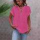AliExpress 2025 European and American Summer Solid Color Button Short-sleeved Women's Shirt Cotton Linen Washed Breathable Fashion V-neck