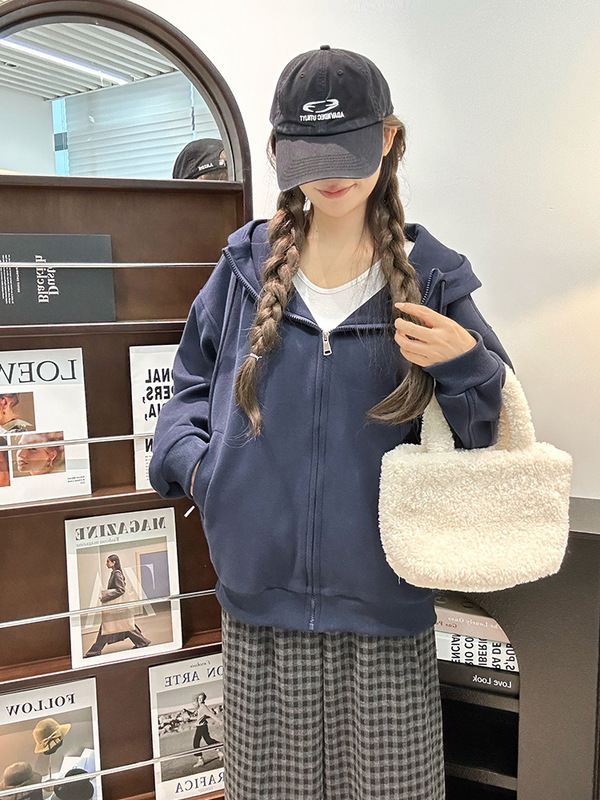 美式浅灰色卫衣女秋季2025新款复古连帽外套宽松慵懒百搭开衫上衣|undefined