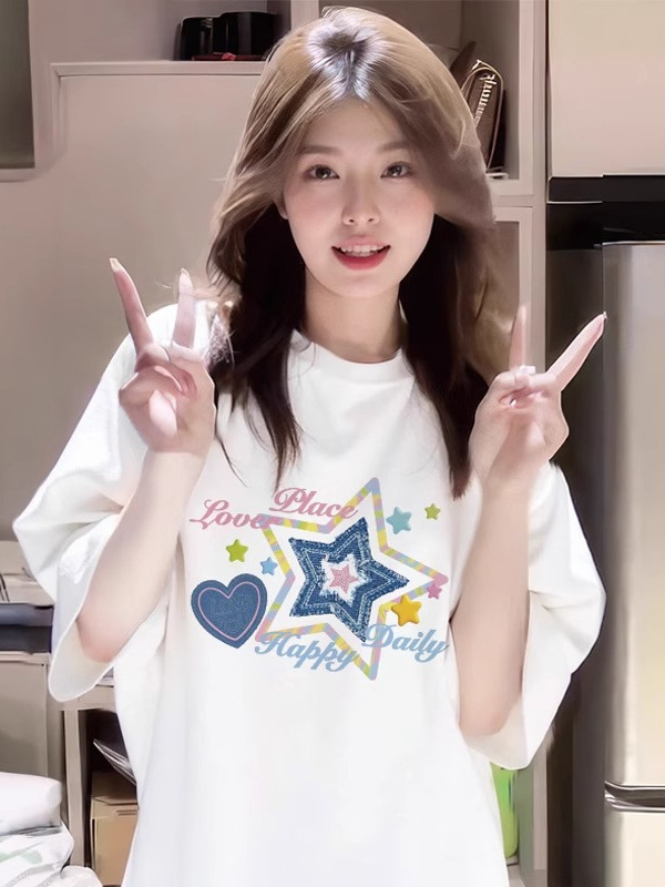 女性のための白い半袖 T シャツ 2025 新しいルーズコットン半袖韓国スタイルのユニークでシックな夏の美しいトップ|undefined