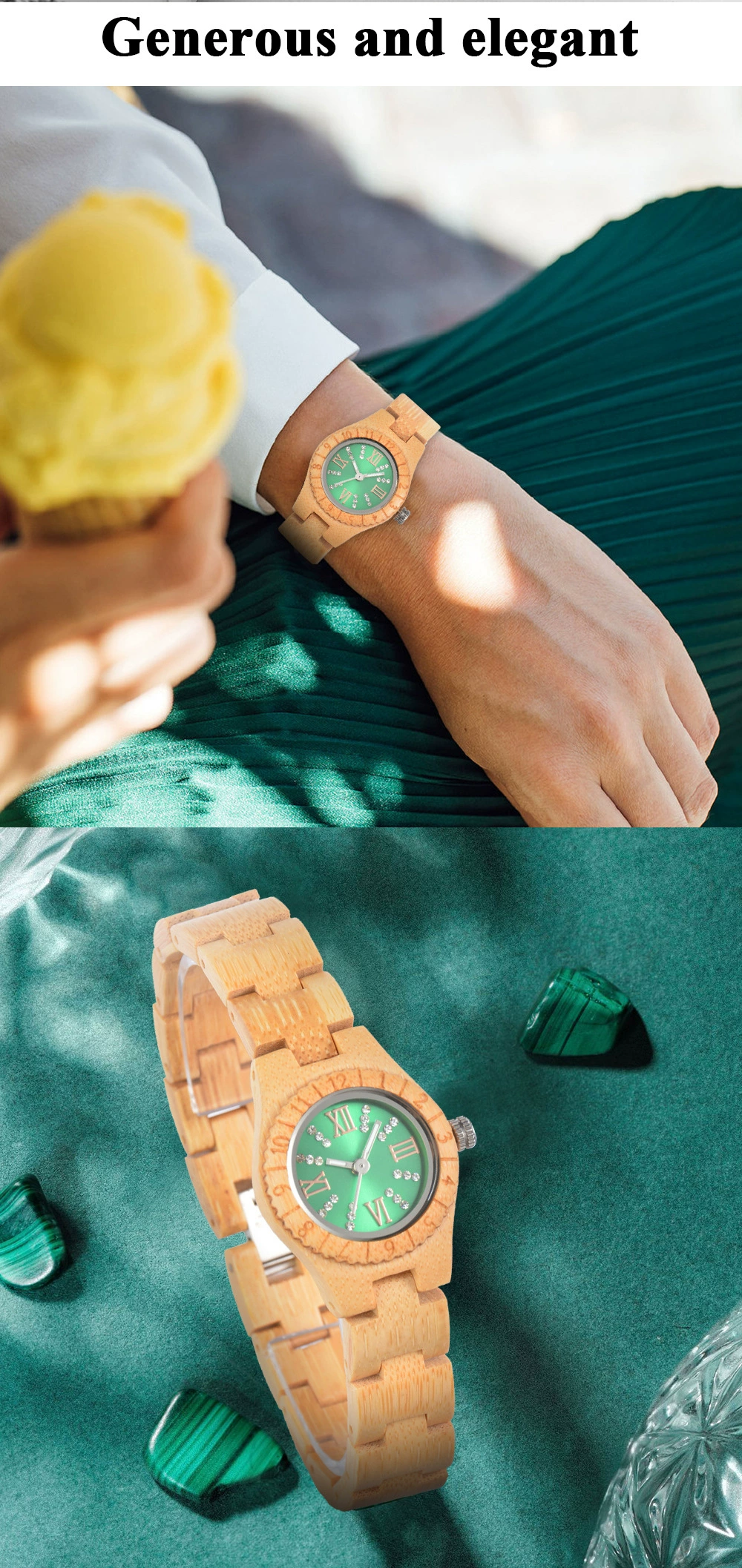 Crystal Polish Dial Women Slim Watch Wood Clock Casual Adjustable Quartz Fashion Wooden Bracelet Watch Women's Wrist Reloj Mujer