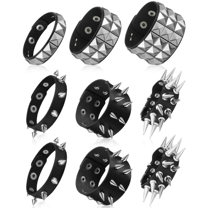 Nine-piece European and American black leather bracelets, punk rivet decoration, chain design, adjustable men's bracelets wholesale