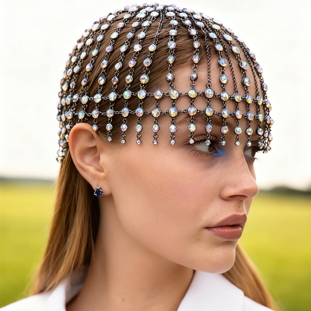European and American New Style Colorful Diamond Tassel Hair Chain, Personalized Exaggerated Rhinestone Headwear, Mesh Accessories for Women, Hair Band