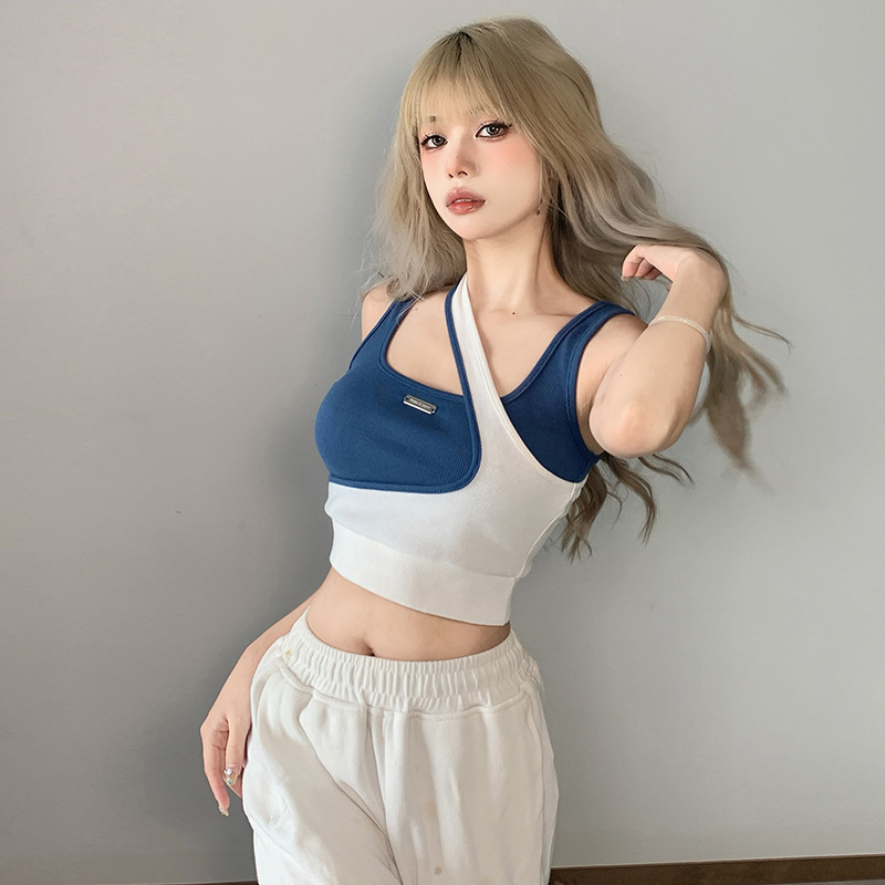 ギャルのベストの女性団風のジャズダンスの修身の短いタイプの臍を露出して踊る上着は色の偽の2つの不規則な外着にぶつかります。|undefined