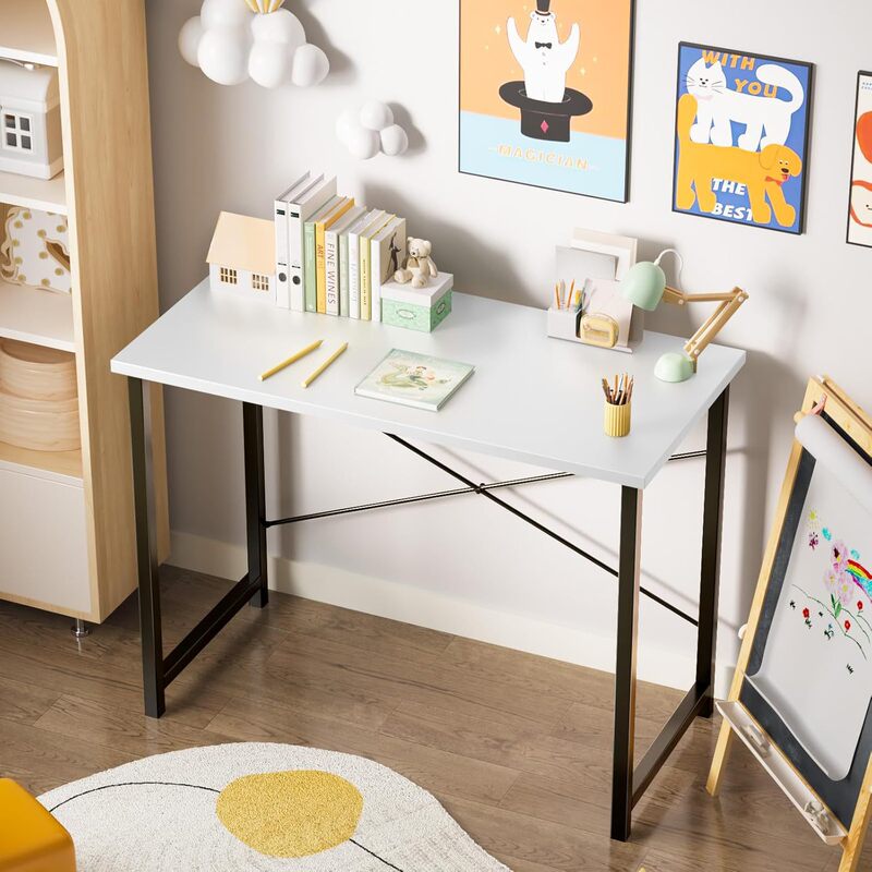 Cross-Border Modern Minimalist Elegant White Home-Use Small Office Desk with Metal Frame and Wooden Tabletop Without Wheels
