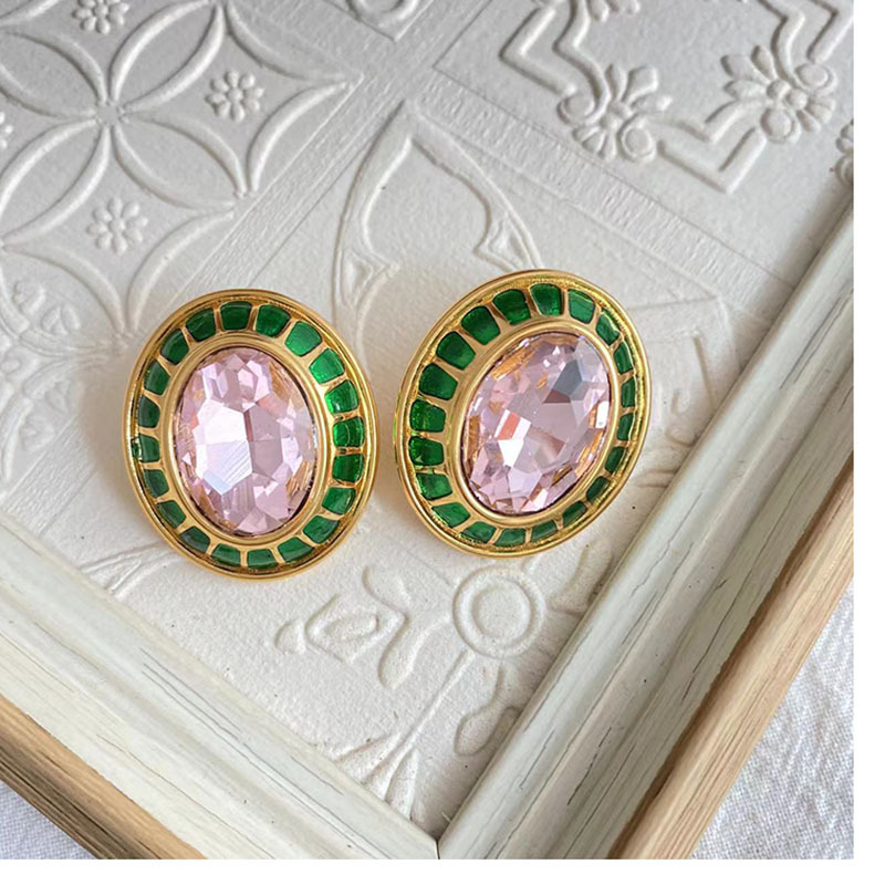 Retro Oval Copper Enamel Plating Inlay Zircon Ear Clips Ear Studs 1 Pair display picture 4