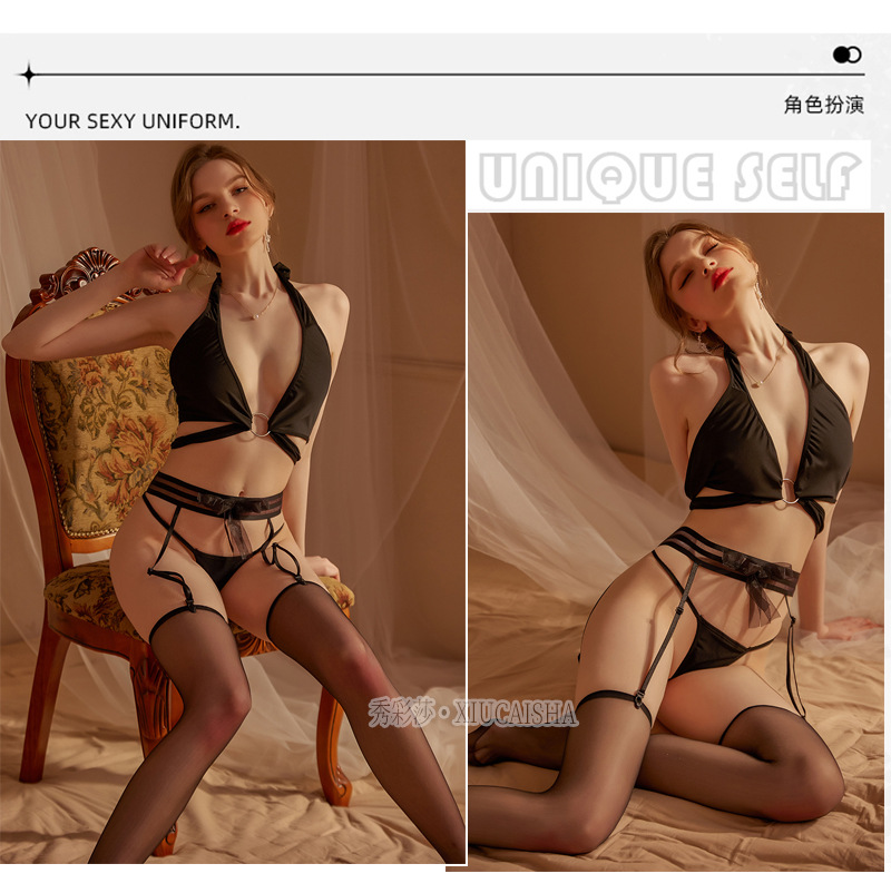 Three-Point Lingerie Set with Bow Sling Backless Design, Sheer Polyester, Black — detail image 7