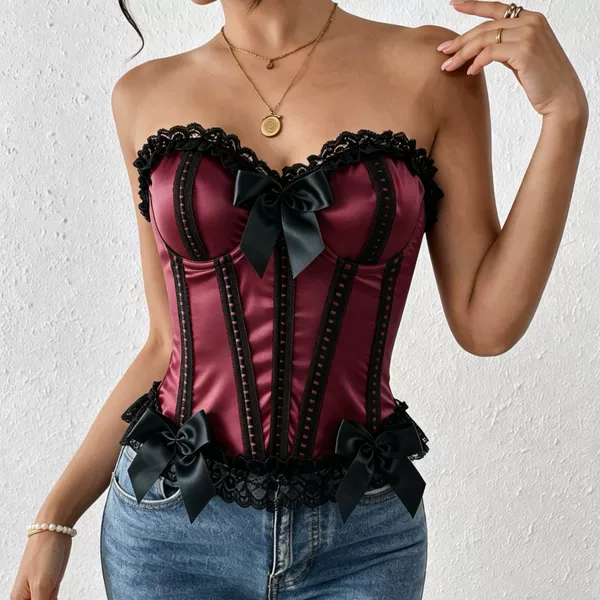 Cross-Border Gothic Top Burgundy Satin Fishbone Corset with Underwire Shapewear Hot Girl Tube Top Factory Direct Delivery