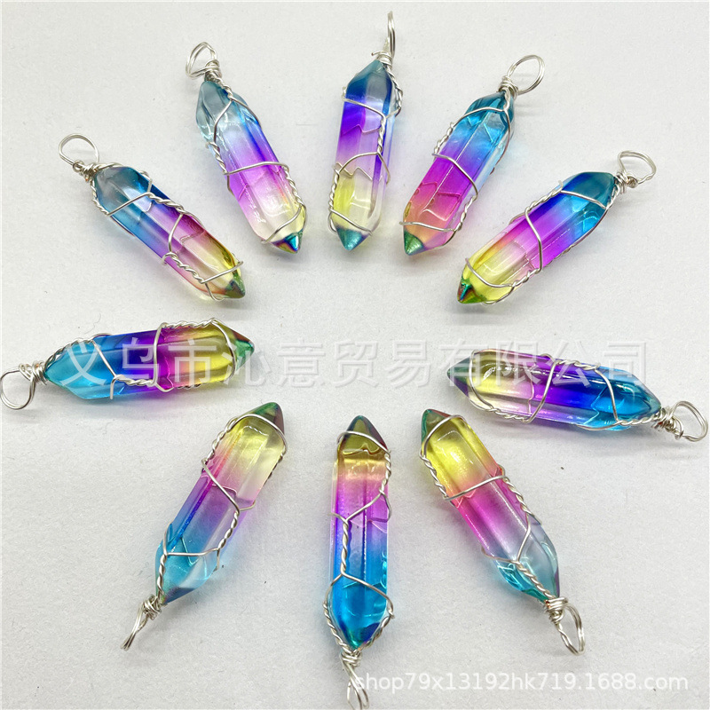 Comercio exterior caliente bobina hexagonal columna colgante collar de cristal natural hecho a mano de plata hilo bala joyería al por mayor