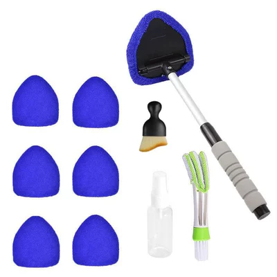 Car cleaning tools, Windshield Cleaning Brush, Defogging Window - 7-cloth-covers-1-set-of-b-type-plastic-parts-1-green-and-white-air-conditioning-brush-1-spray-bottle-1-detail-brushpe