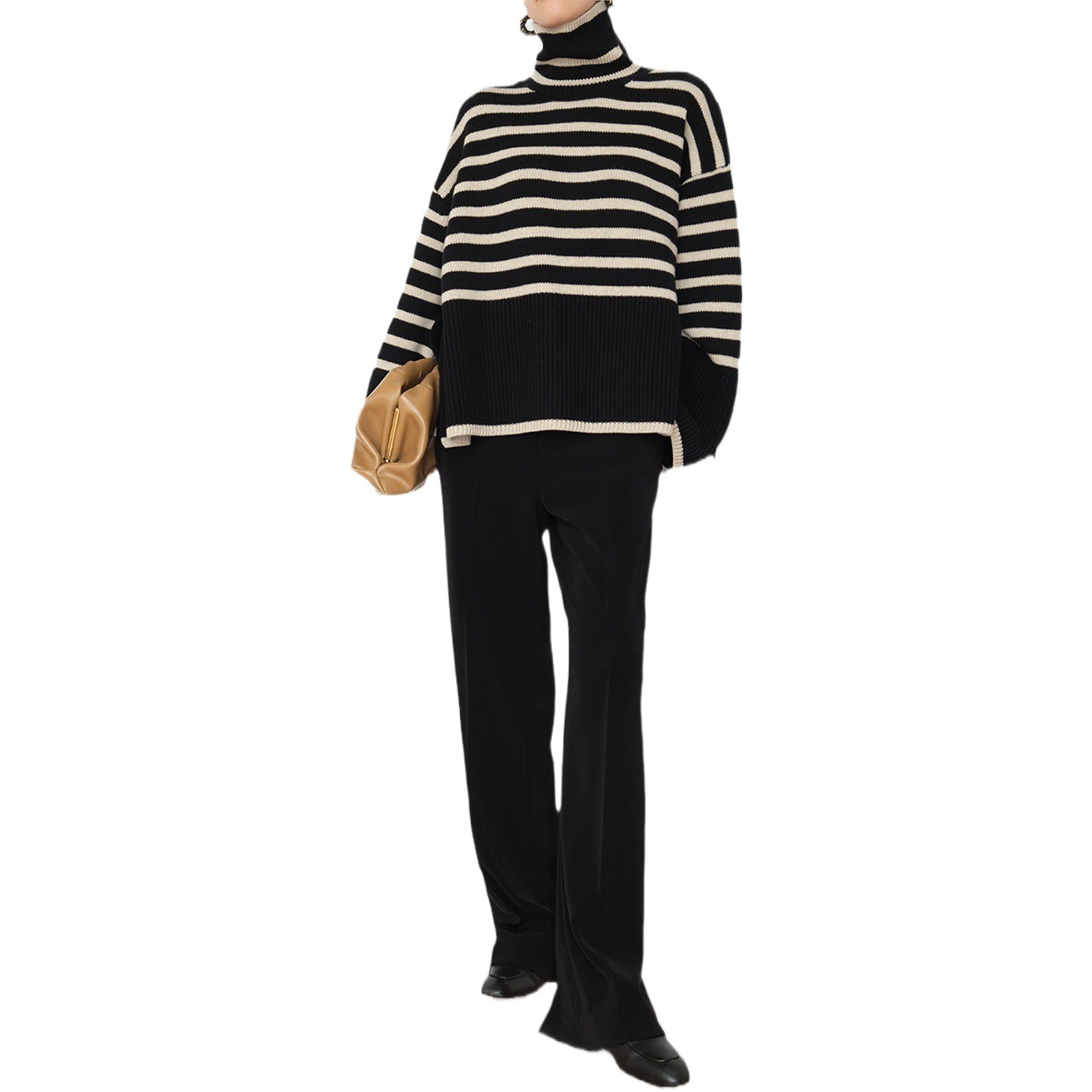 Comercio exterior transfronterizo popular suéter de cuello alto de las mujeres de gama alta de las mujeres japonesas y coreanas rayas sueltas ropa de abrigo suéter top de las mujeres
