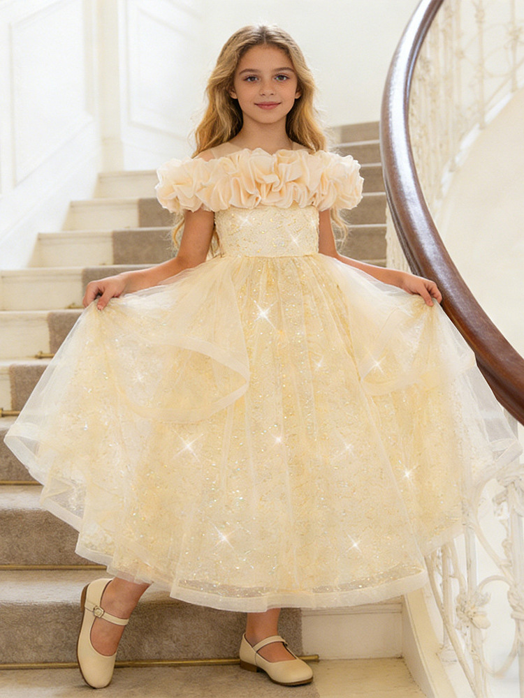Vestido largo formal para niñas, vestido de satén con falda amplia, vestido infantil para desfiles, vestido para actuaciones, vestido para presentaciones de piano.