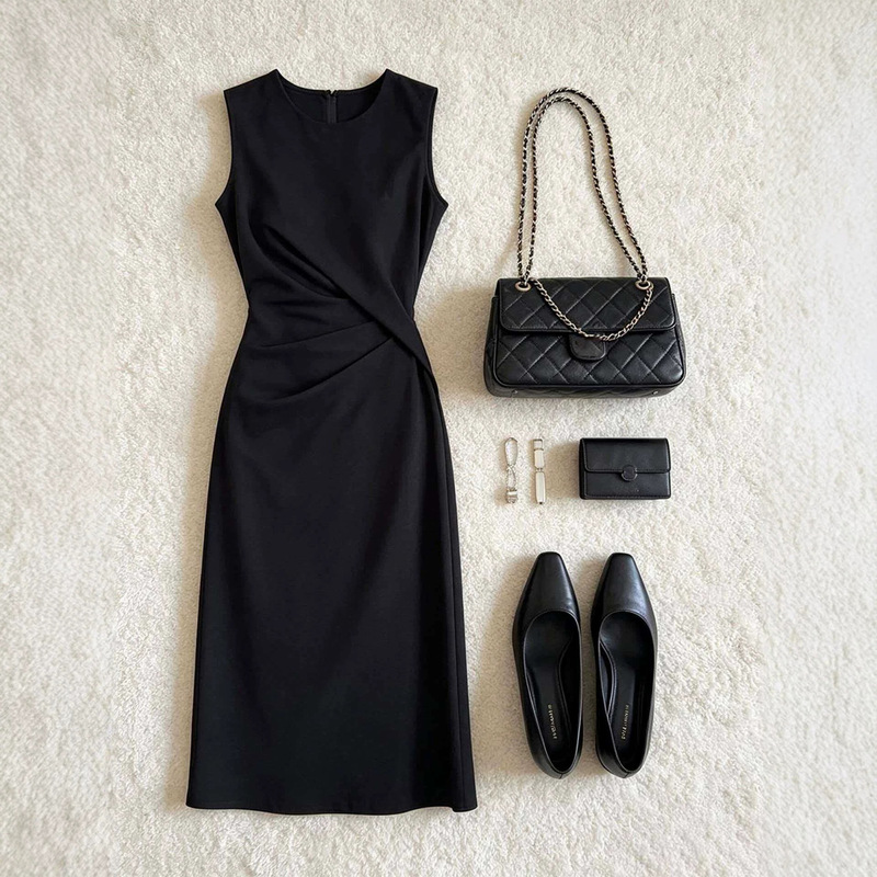 Minimalist black sleeveless dress, 2026 summer new style, waist-cinching, pleated, slim-fit, mid-length, elegant dress Minimalist black sleeveless dress, 2026 summer new style, waist-cinching, pleated, slim-fit, mid-length, elegant dress