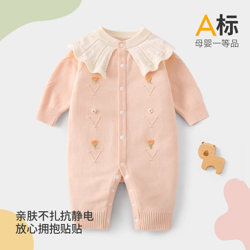 Baby Spring and Autumn Jumpsuit Girls' Knitted Ha-ha Coat Lotus Collar Cute Baby Outfit Flower Newborn Climbing Suit