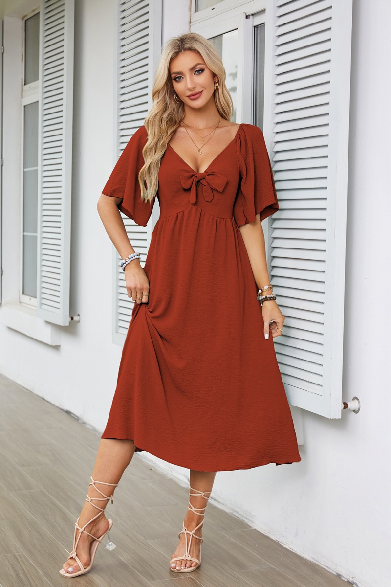 Women's Swing Dress Simple Style V Neck Bowknot Short Sleeve Solid Color Midi Dress Daily display picture 19