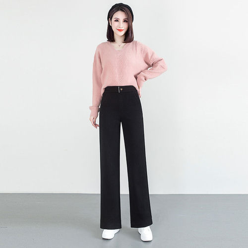 Women's Wool Blend Wide Leg Pants 2024 Spring and Autumn New Warm and Thick Straight Leg Pants High-Waisted Slimming Casual Suit Pants