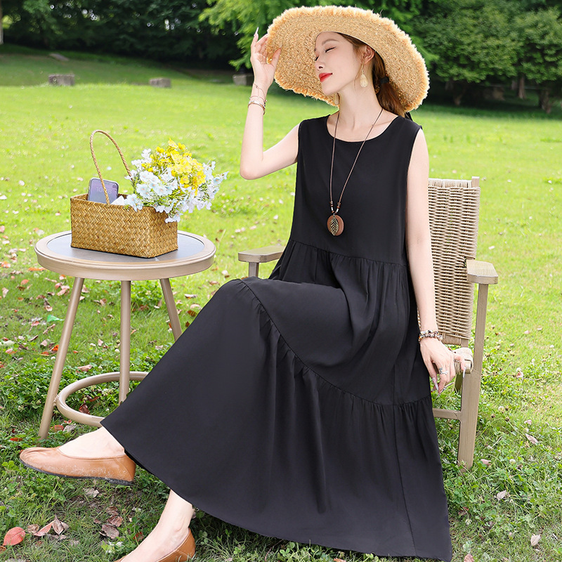 Black Sleeveless Dress Plus Size for Curvy Women, Slimming Inner Tank Top Dress, 2026 Spring/Summer Long Strap Dress for Women