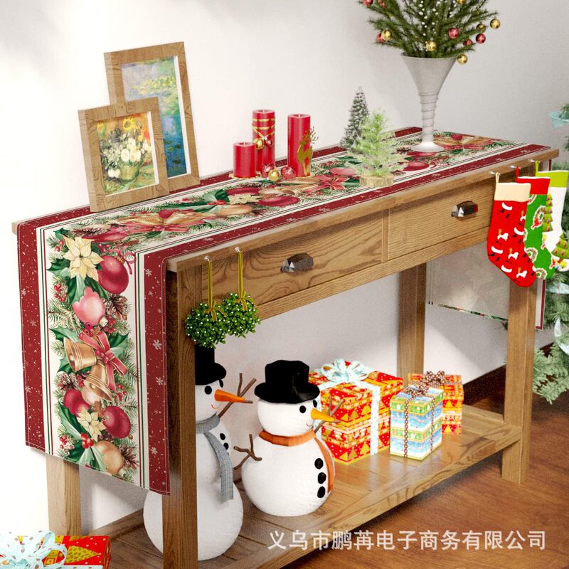 跨境新款圣诞节桌旗厂家水彩一品红铜铃铛雪人圣诞树花卉耶稣降临|undefined