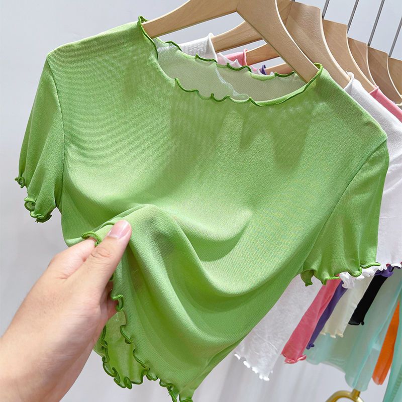 Spring and Summer New Candy-Colored Lace Base Shirt for Women, Summer Short-Sleeve T-Shirt, Sheer Top with Ruffled Edges, Short Mesh Top Spring and Summer New Candy-Colored Lace Base Shirt for Women, Summer Short-Sleeve T-Shirt, Sheer Top with Ruffled Edges, Short Mesh Top