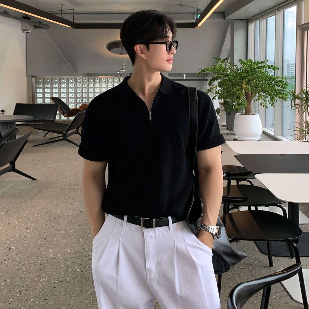 MYQ 심플 캐주얼 니트 반팔 티셔츠 남성 여름 얇은 루즈 라펠 탑 한국 올드 머니 스타일웨어