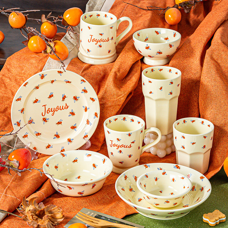 ins retro bee ceramic plate high-looking tableware Bowl plate suit European flat plate deep plate water Cup dessert bowl