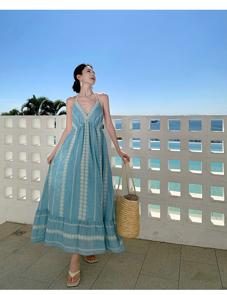 Light Blue Resort-style Backless Halter Neck Dress, Bohemian Heavy Embroidery Long Dress For Women_ecoleips.com