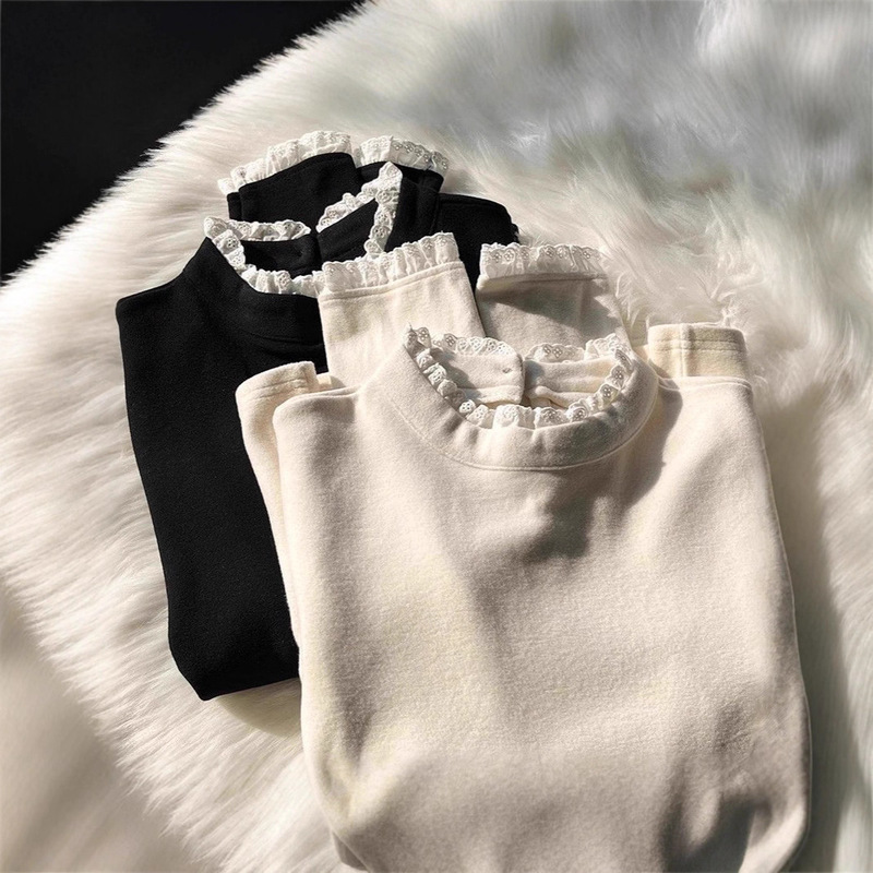 Lace Half Turtleneck German Velvet Bottoming Shirt Long-Sleeved T-Shirt Women's Autumn and Winter 2025 New Korean Style Design Inner Top