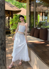 夏季方领吊带上衣女高腰显瘦长裙拼接蕾丝套装女