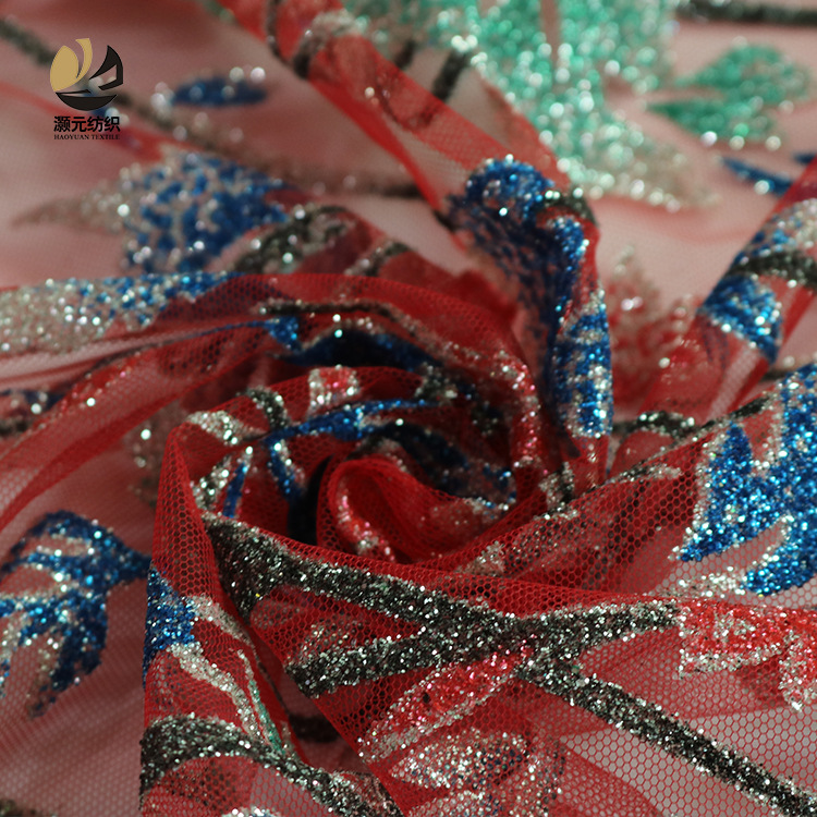 Fabricantes promociones de bajo precio en línea flor dorada polvo brillante gradiente dorado hilo de malla nueva tela de vestido de boda estilo nacional