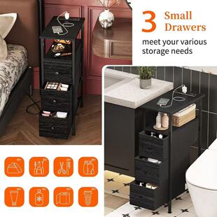 Custom Explosive Narrow Side Bedside Cabinet with Charging Station, Small Bedside Cabinet with Three Fabric Drawers