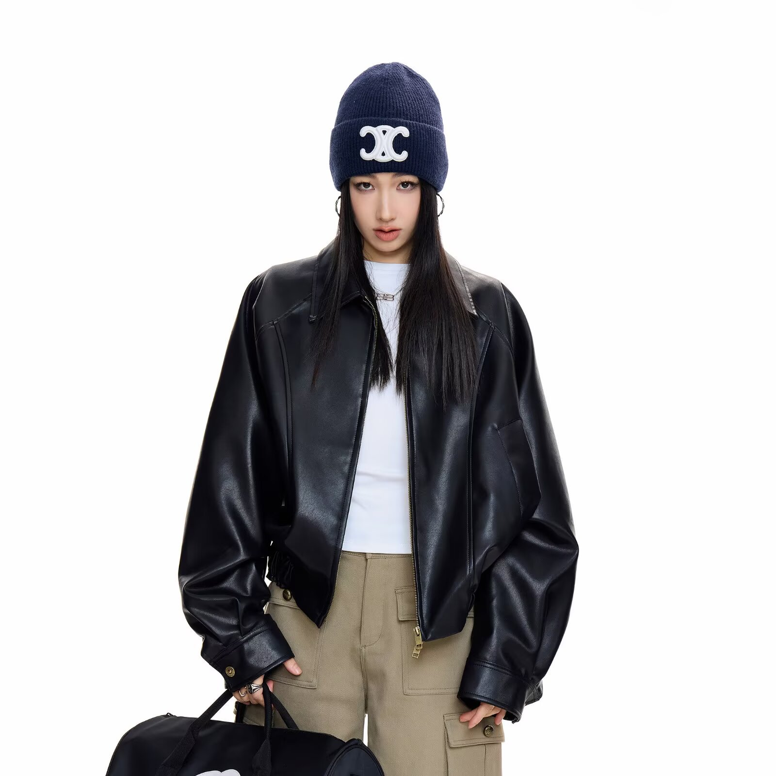 Black Lapel Pu Leather Jacket for Women 2025 Autum New Loose Motorcycle Jacket Zipper Short Jacket Top for Women