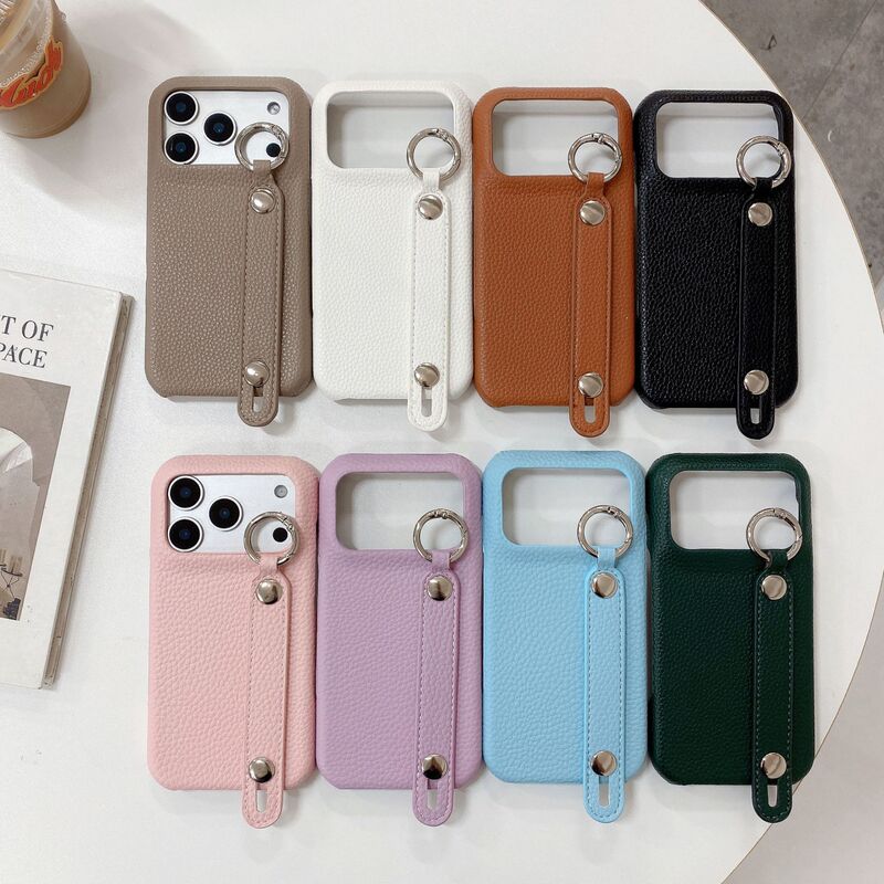 Suitable for Apple 17Promax Mobile Phone Case Apple 16Pro Max Creative Wrist Strap Simple Retro Pebbled Pattern