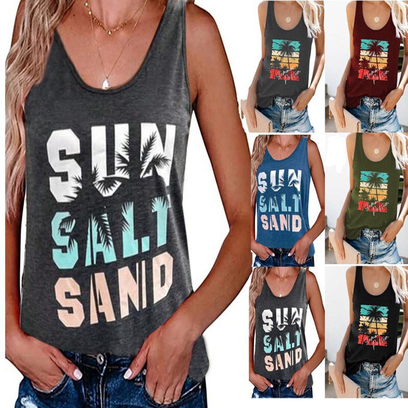 New Cross-Border Amazon European and American Clothing Sleeveless Beach Coconut Tree Letter Print American Mini Vest for Women