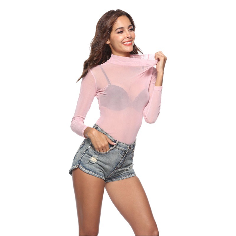Cross-Border Foreign Trade Versatile Base Layer Women's Clothing Sexy Ultra-Thin Mesh High-Elasticity Tight-Fitting Long-Sleeve Half-High Collar Base Shirt