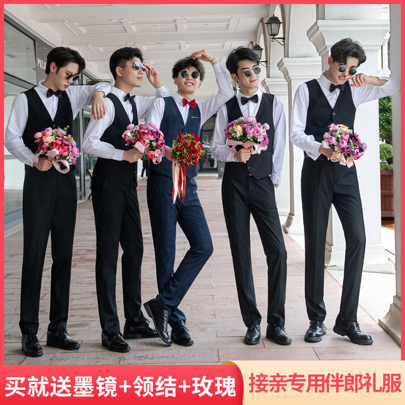 連れ合い服男兄弟団装夏シャツズボン新郎結婚ドレス馬甲三点セットスーツセット|undefined