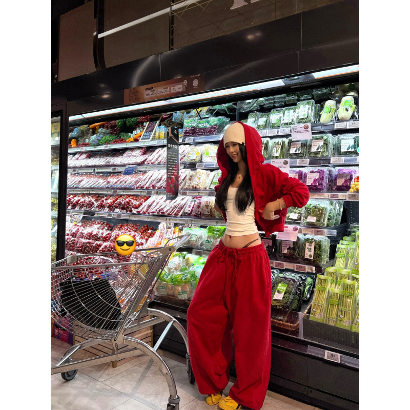 Energetic Set New Year Red Hooded Sweatshirt Hot Girl Short Cardigan Jacket Drawstring Wide-Leg Sweatpants Two-Piece Set