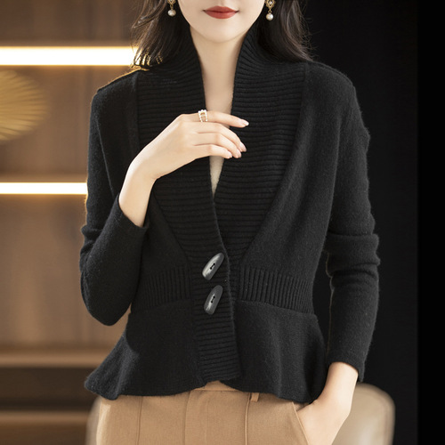 French-style women's autumn clothing, stylish leaf edge waist-cinching slimming solid-color knit sweater jacket