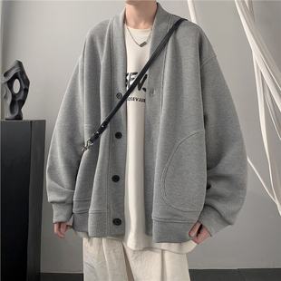 Waffle V Neck Cardigan Sweatshirt Men's Trendy Brand Spring and Autum 2023 New Lazy Style Loose Casual Top Jacket