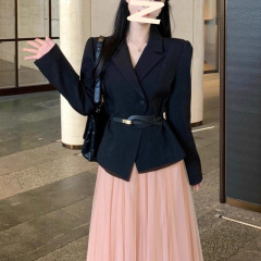 御姐气质女神范纱春秋感职场黑色外套盐系纱裙套装两件轻熟
