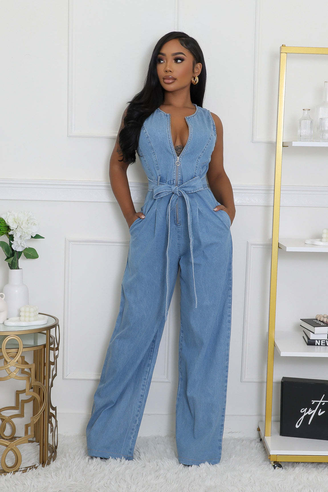 728g Weight Sleeveless Sleeve Length Full Length Pants Length Cotton, Denim Fabric Type High Waist Waist Line Jumpsuits Pants Type Bodysuits Tops Type Daily Occasion Loose Fit Type Solid Color Pattern Summer Season Women's Gender Belt Design Casual Style Women's Daily Bodysuits Casual Solid Color Full Length Belt Jumpsuits 4