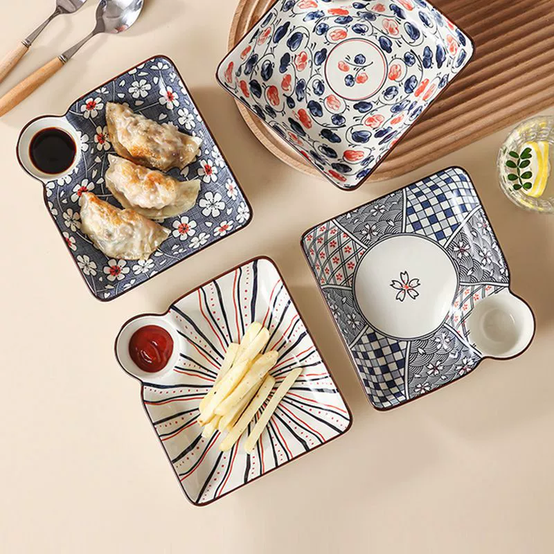 Ceramic Dumplings Plate - Retro Glazed Underglazed Color Dish for Dumplings & Chips, Cartoon Plate