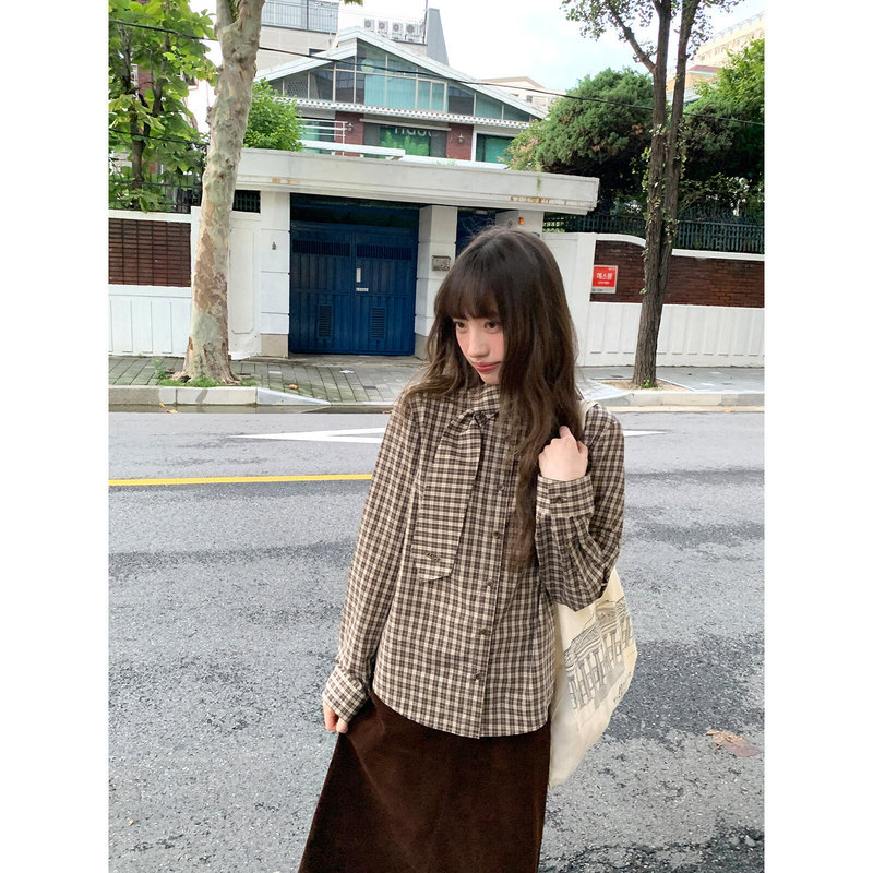 Asymmetrical Tie Design Plaid Shirt for Women, Spring and Autumn 2026 New Korean Style Elegant Simple Top Asymmetrical Tie Design Plaid Shirt for Women, Spring and Autumn 2026 New Korean Style Elegant Simple Top