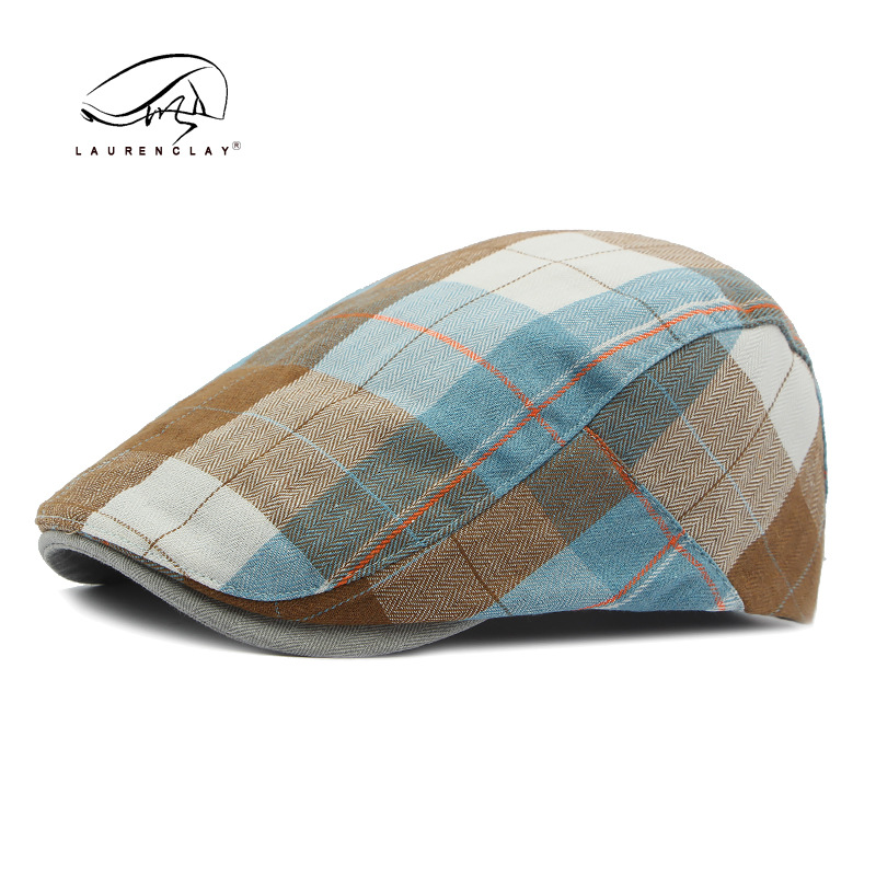 Boina de las mujeres de primavera y verano Delgado transpirable casquillo enarbolado de los hombres artístico retro Plaid sombrero delantero Plaid pintor sombrero