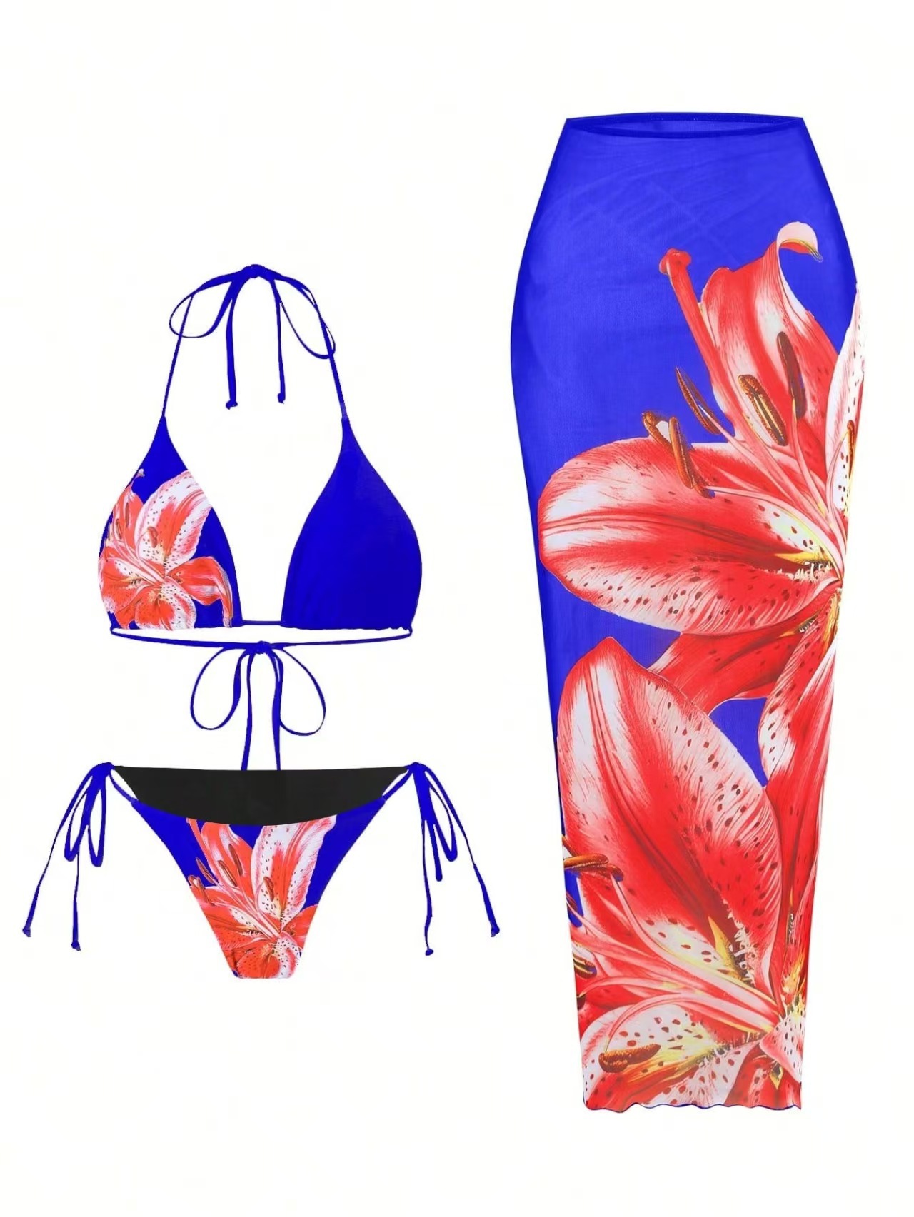 Women's Lily Print Three Piece Bikini Set With Wrap Skirt_voghion.com